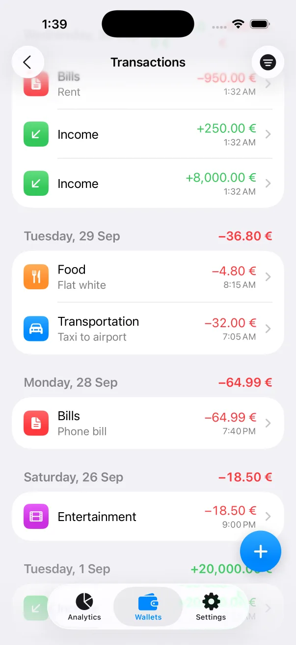 Transactions list grouped by day with daily totals