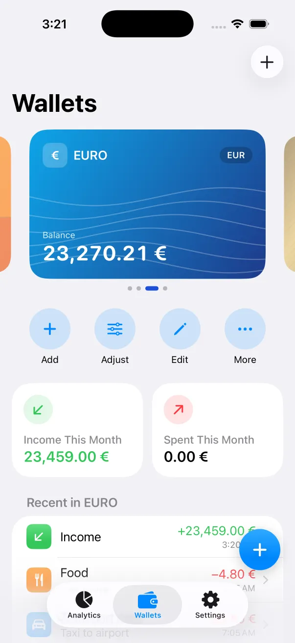 Wallets screen showing the Main wallet balance, income and spending this month, and recent transactions
